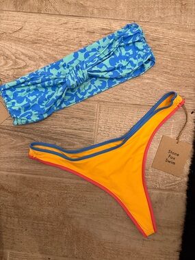 Stone Fox Swim Colorblock Bikini Bottom & Bandeau Set - Yellow & Blue